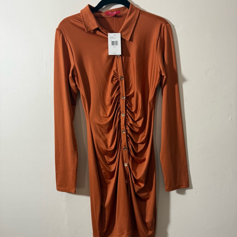 Guess Brown Orange Ruched Long Sleeve Dress